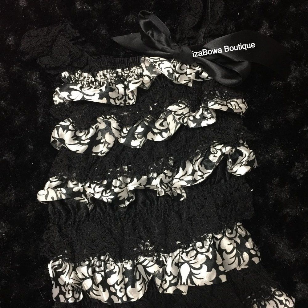 Black Damask Lace & Satin Romper   R895  Small 3M-12M  NWT Boutique